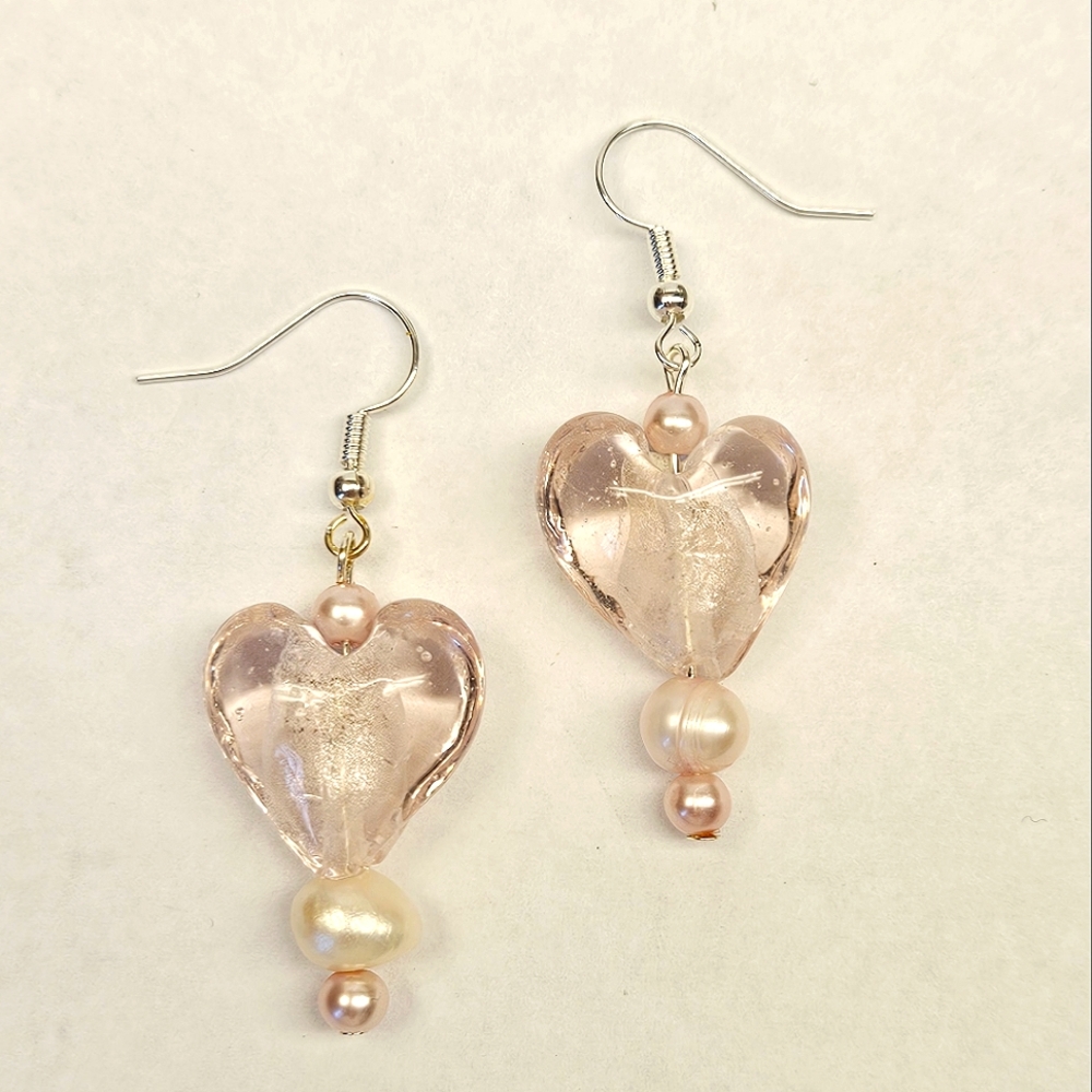 Lampwork Pink Glass Heart and Pearl Earrings